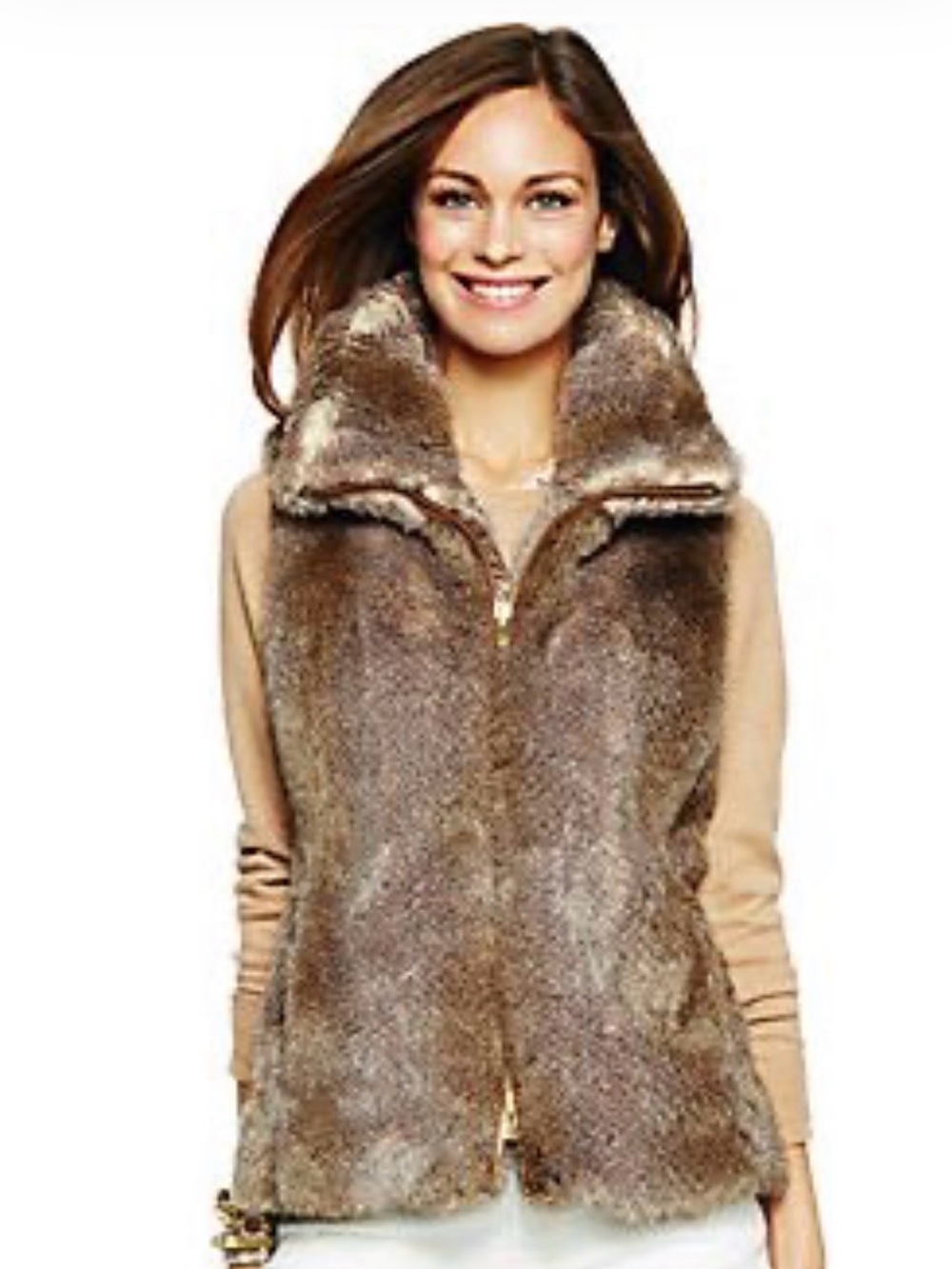 C Wonder NWOT Faux Fur Roll Neck Full Zip Vest Brown Medium